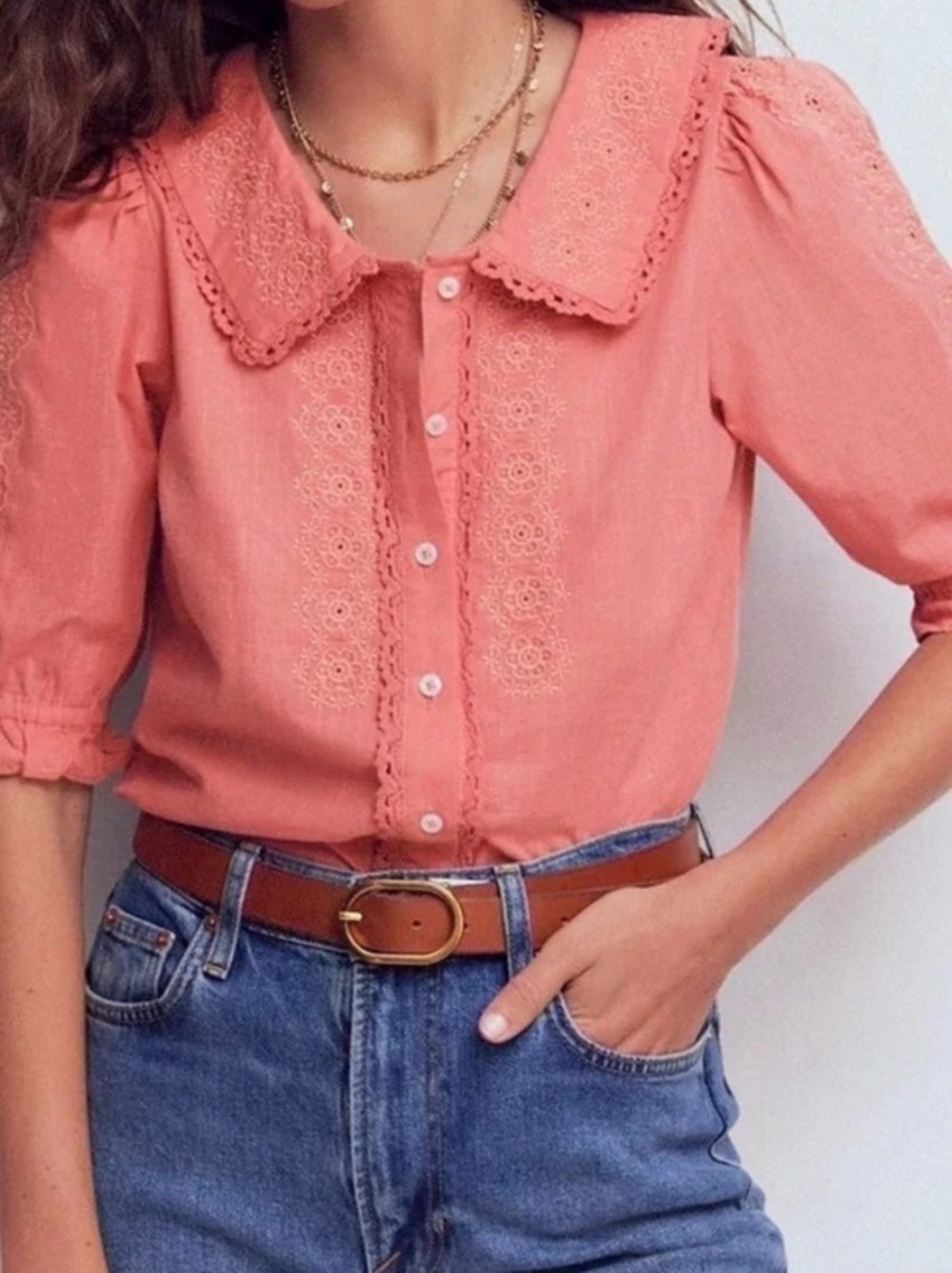 Boden Short-Sleeve Peter Pan Embroidered Blouse in Size 2